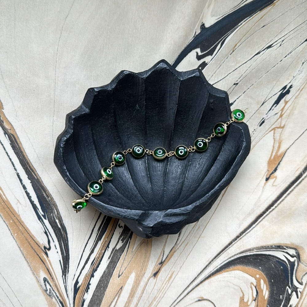14K Yellow Gold Green Evil Eye Bracelet